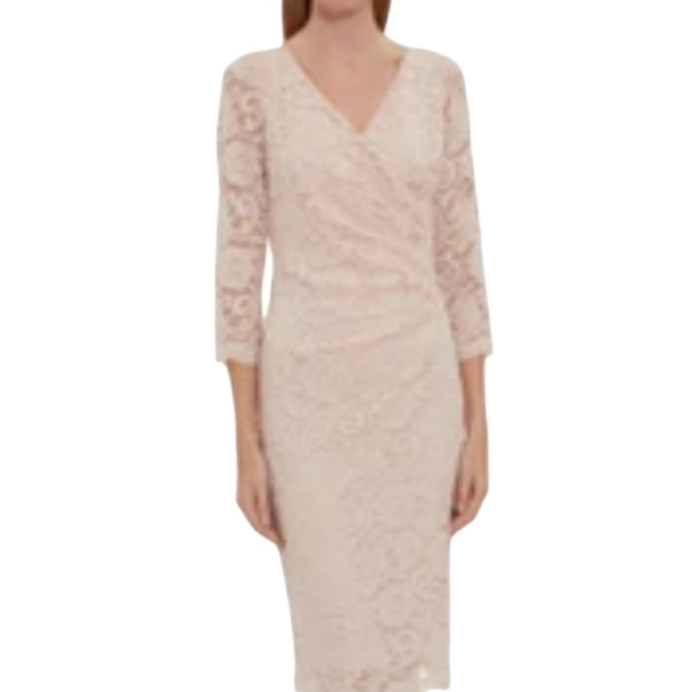 Ralph Lauren Cream Lace Ruched V-Neck Party‎ Wedding Stretch Sheath Dress Size 8